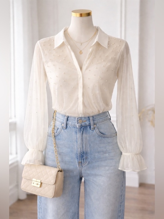 Ultra Pink Tops - Ultra Pink Cream Sheer Pearl-Accent Button-Down Blouse